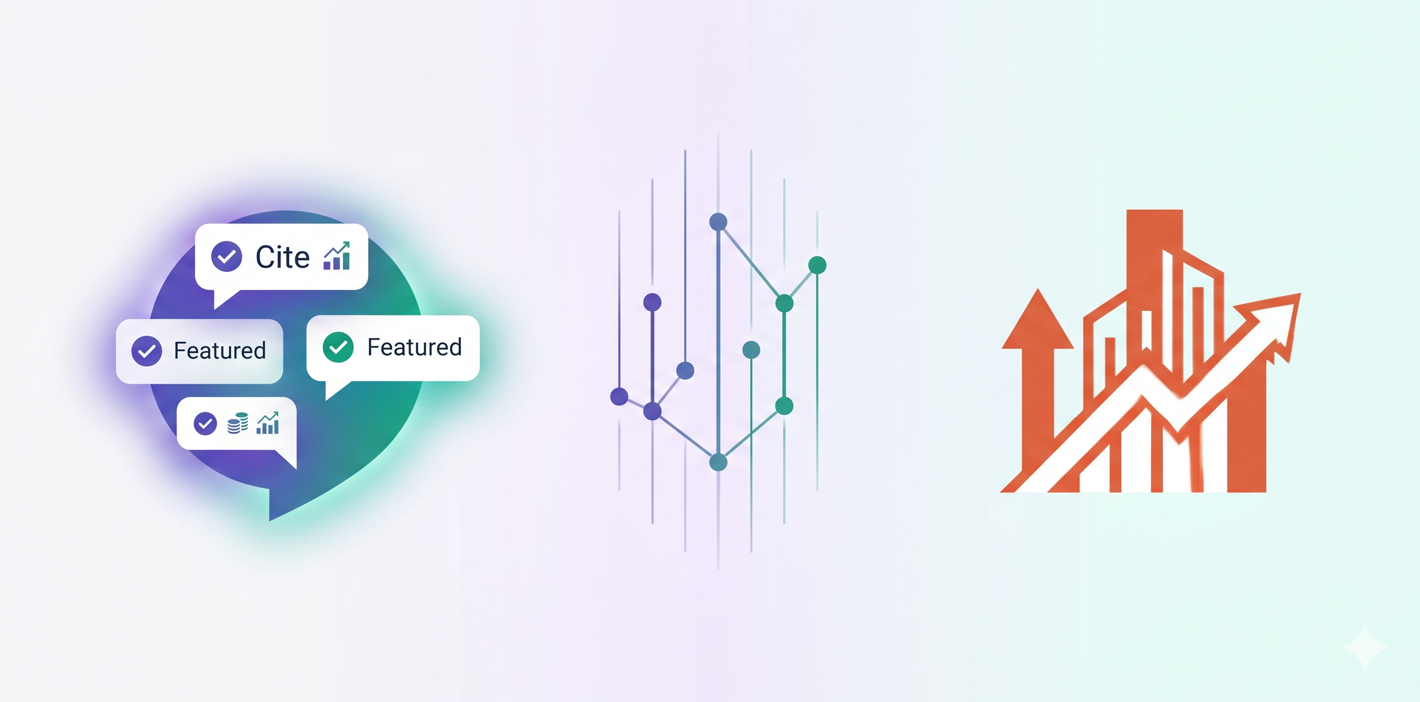 Abstract graphic: speech bubbles with checkmarks (Cite/Featured) on the left, a central data line chart, and an orange rising graph on the right.